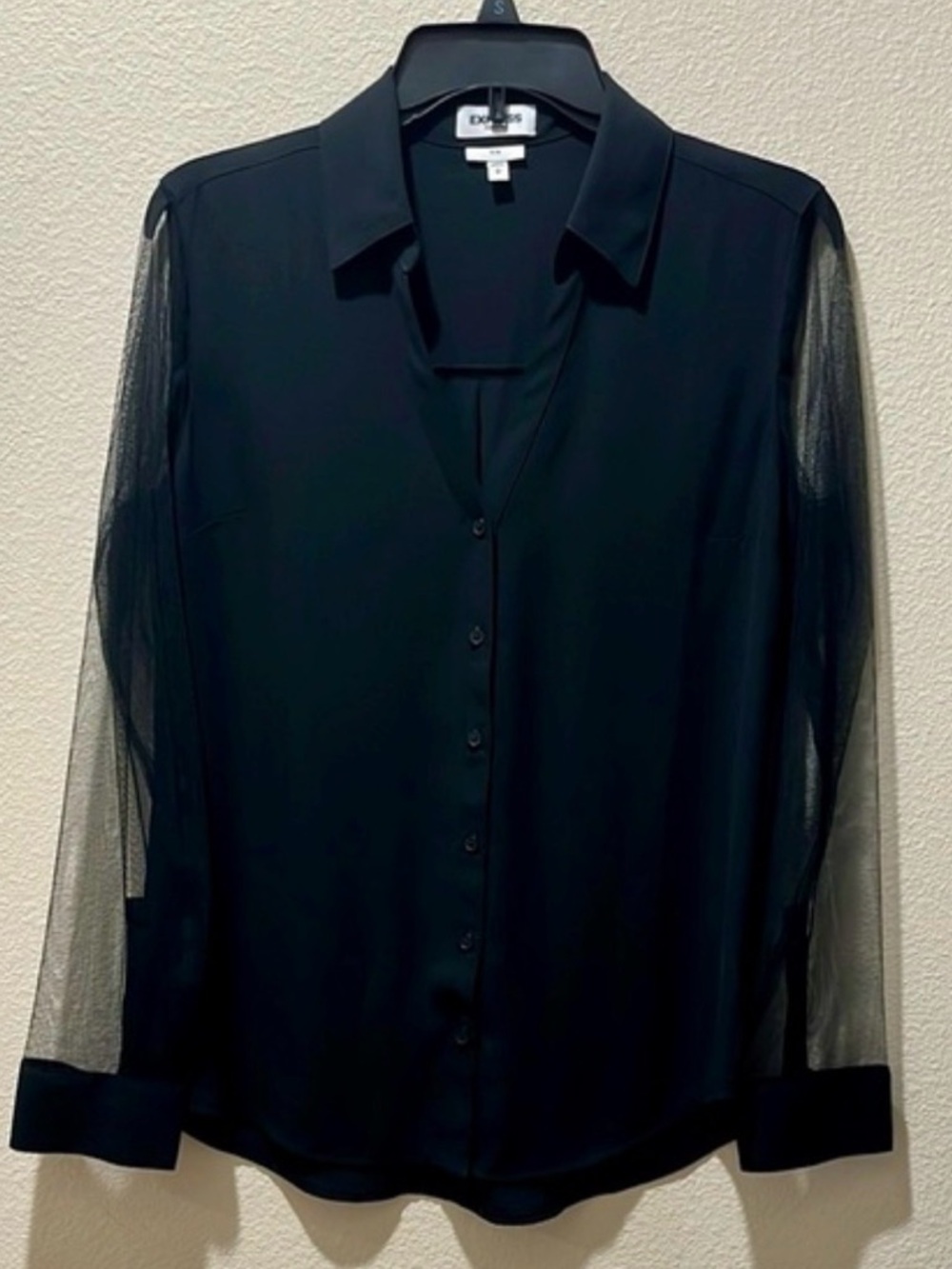 Express Black Button-Down Sheer Sleeve Blouse small - Picture 2 of 3